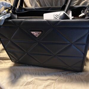 Black Pebble-Vegan Leather Quilted Satchel with Metallic Accents